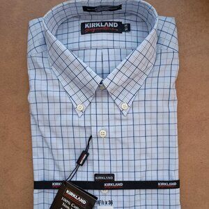 Men's Kirkland Blue & Tan Check Non-Iron Long-Sleeve Shirt, Size 16-1/2, 36, NWT